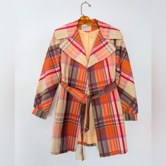 Vintage Jackets & Blazers - VTG 70s New York Debutogs Rainbow Plaid Spring Belted Maximalist LightJacket S/M